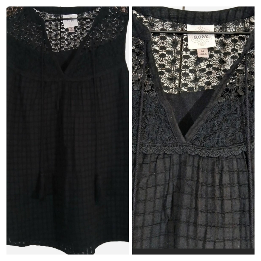 Knox Rose Boho Crochet Peasant Top Black With Tassels Medium